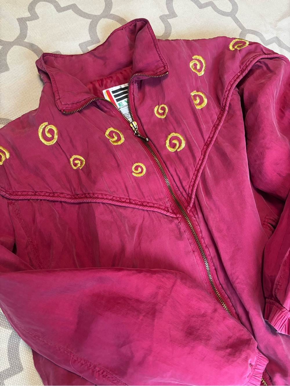 Vintage Magenta EVR Zip-Up Bomber Jacket with Gold Swirl Embroidery Silk shell.